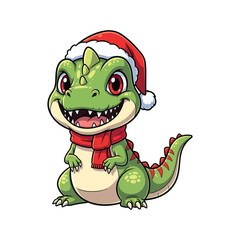 Cartoon dinosaur wearing a santa hat and scarf 