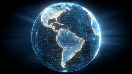 A digital globe highlighting Latin America with bright connection points, symbolizing regional innovation, cross border data exchange