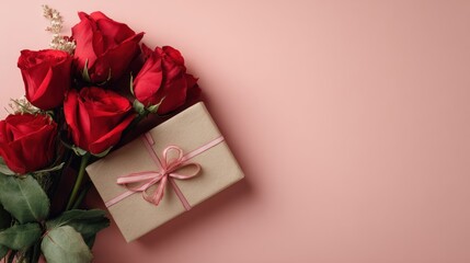 Romantic Gift Box With Red Roses On Soft Pink Background, Pink Ribbon, And Elegant Celebration Scene