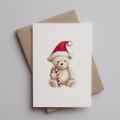 Cute Christmas teddy bear illustration with Santa hat and candy cane on holiday greeting card for festive design concept