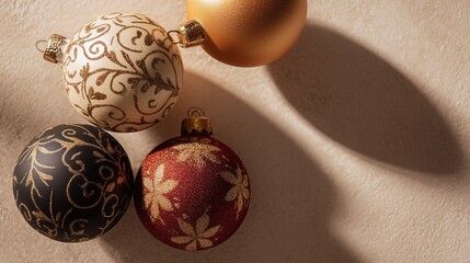 Elegant Christmas ornaments with golden glitter patterns casting soft shadows for festive holiday decoration and seasonal design concepts