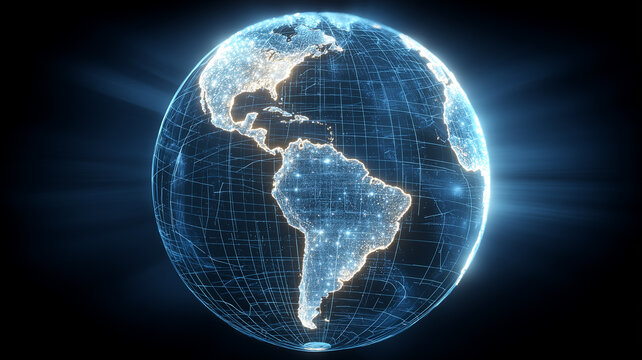 A digital globe highlighting Latin America with bright connection points, symbolizing regional innovation, cross border data exchange - Powered by Adobe
