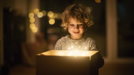 Little child opening glowing magical Christmas gift box with warm festive lights in cozy holiday atmosphere