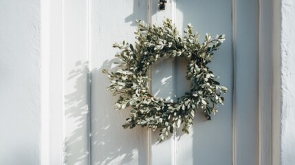 Natural green Christmas wreath hanging on white wooden door in bright sunlight minimalist festive decor