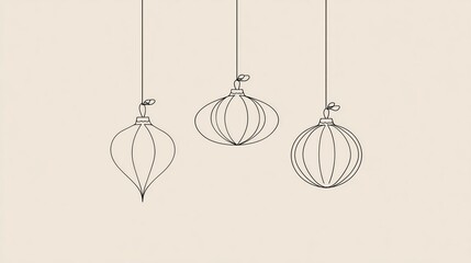 Minimalist line art of three hanging Christmas ornaments on light background elegant modern holiday illustration
