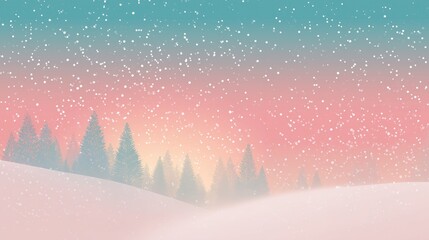 Winter landscape with snowy hills and pine trees under pastel gradient sky with falling snowflakes dreamy holiday background