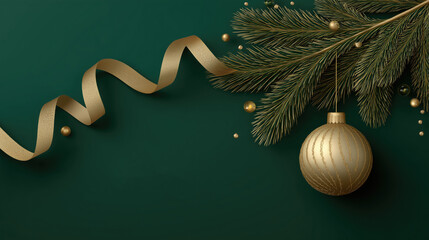 Elegant Christmas composition with pine branches golden ornament and ribbon on dark green background luxury holiday greeting design