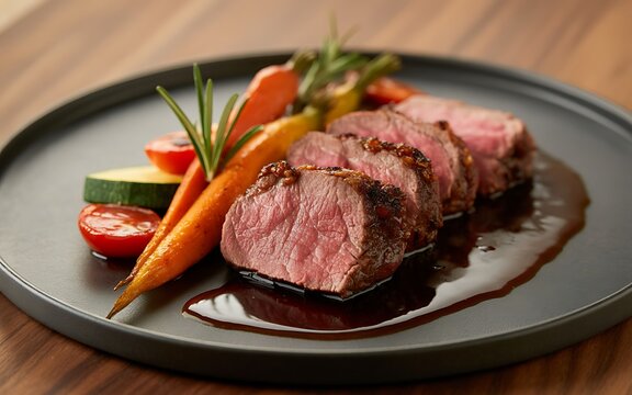 Gourmet beef tenderloin medallions with roasted vegetables and rich brown sauce on a modern plate ready to serve