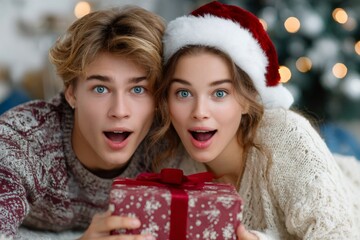 Excited couple receiving christmas gift with surprise