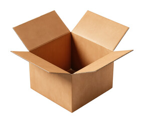 Open cardboard box mockup, isolated on transparent background, delivery packaging concept, clean minimal composition