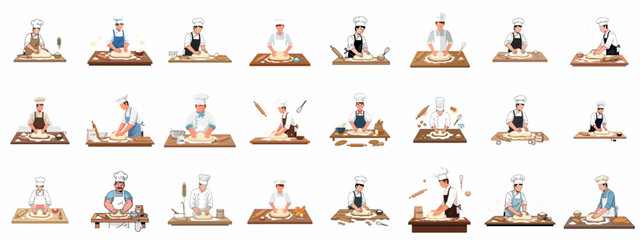 Set of professional male bakers kneading dough on wooden tables, preparing various bakery goods like bread and cookies.