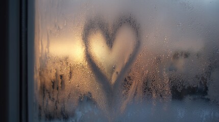 Heart shape drawn on a foggy window glowing in warm sunset light