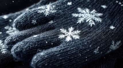 Close-up of cozy knitted winter gloves with soft white snowflake patterns