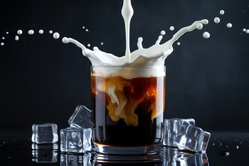 Delicious coffee with milk splash and ice cubes for a refreshing and invigorating treat perfect for any coffee lover