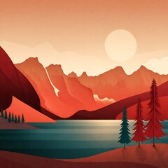 Stylized mountain range with lake and trees under a large sun landscape nature