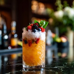 Tall glass of orange cocktail with crushed ice topped with fresh berries and mint leaves drink beverage