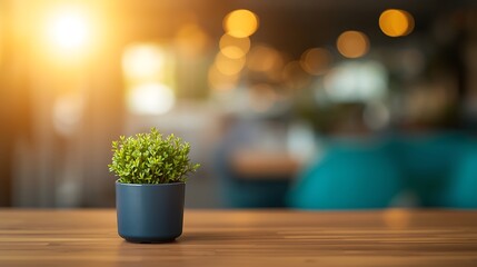 Small potted plant on a wooden table with a blurred background and bright light coming from the left