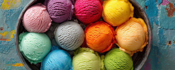 Vibrant assortment of colorful ice cream scoops displayed in a wooden bowl against a textured background