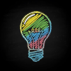 Hand-Drawn Colorful Chalk Lightbulb on Blackboard for Idea and Innovation Concept, Vibrant Vector Sketch of a Glowing Bulb Symbolizing Creativity and Energy, ideas, innovation, creativity, solutions, 