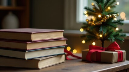 Christmas scene with antique book gift stack on rustic table, blurred background of decorated tree and candles, cozy empty composition with warm festive lighting