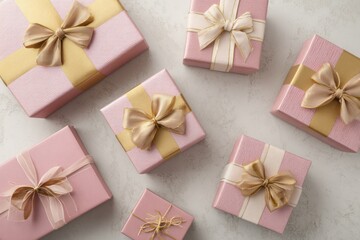Assorted Pink Gift Boxes With Gold Ribbons Arranged In Flat Lay For Celebration, Gifting, And Festive Decor
