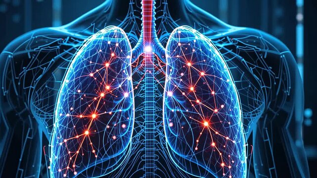 Digital visualization of human lungs with glowing neural network pathways on dark background representing medical technology. Concept of biomedical innovation