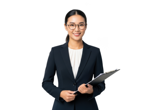 Confident young asian woman in business attire holding a clipboard smiling professionally against a stark black background