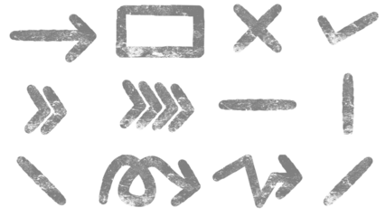 A diverse set of hand-drawn grey grunge arrows and symbols for design.