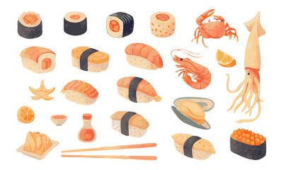 A large set of sushi and seafood in pastel colors on a white background. Traditional Asian cuisine. Nigiri, maki rolls, gunkan, shrimp, squid, crab, and more.