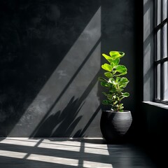 Tall green fiddle leaf fig plant in black ribbed pot against dark textured wall with window light shadows