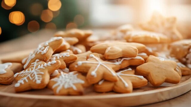 Gingerbread cookies decorated with white icing on wooden plate festive food dessert baking holiday season