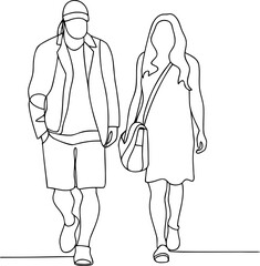 Continuous line drawing of couple walking together fashion