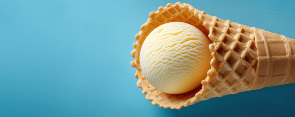 Yellow vanilla ice cream scoop in a waffle cone against a bright blue background for a fresh and vibrant look