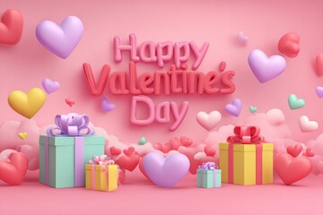 Valentine's Day Celebration Scene With Gift Boxes, Floating Hearts, Soft Pink Background, Romantic Mood, Colorful Presents, and Dreamy Elements, Ideal for Love, Gift, and Holiday Stock Photography
