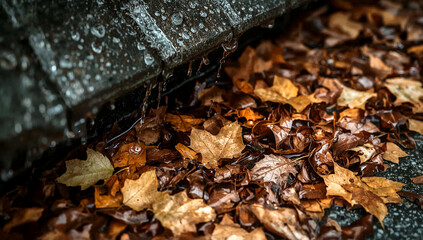 Close up of overflowing gutter with autumn leaves