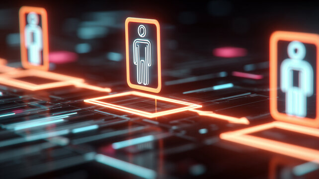 Neon user icons rising from a digital circuit space to represent online identity selection, secure access and workforce management.
