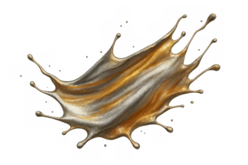 Gold and silver metallic paint splashing, creating abstract liquid texture, dynamic burst, transparent background