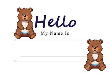 Cute Cartoon Bear Holding Food Items on a Name Tag Template for student school
