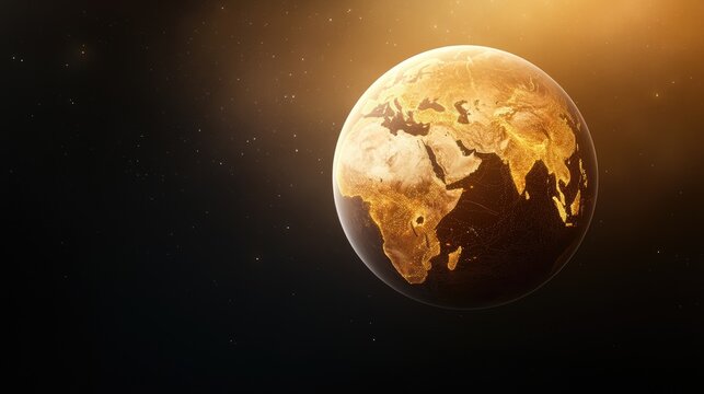 Futuristic abstract representation of planet Earth with glowing lines and dots showcasing a digital network in deep space