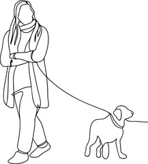 Continuous line drawing of woman with dog