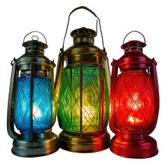 Three antique lanterns glow with vibrant color