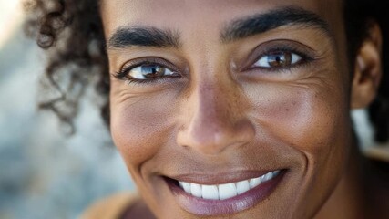 A close-up shot of a woman with a happy expression