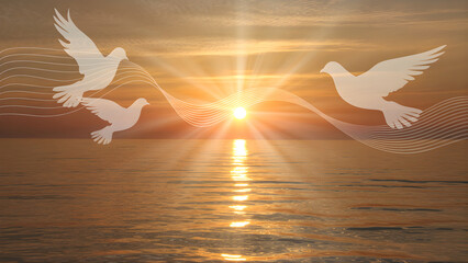 Doves flying over ocean at sunset with golden light and rays