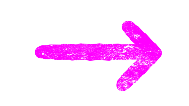 A vibrant pink hand-drawn arrow with a crayon texture pointing right on a white background.