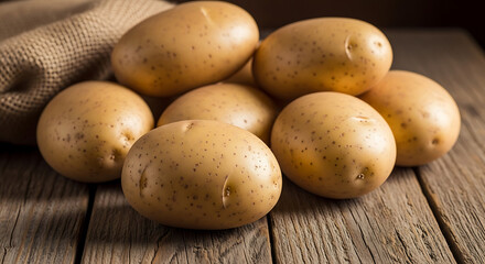 Fototapeta premium A rustic pile of fresh, unpeeled potatoes rests on a weathered wooden table beside a coarse burlap sack. The earthy tones and natural textures highlight the humble, wholesome nature.