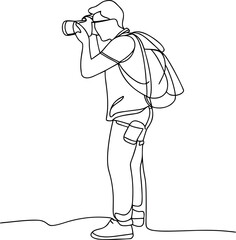 Continuous line drawing photographer with camera and backpack