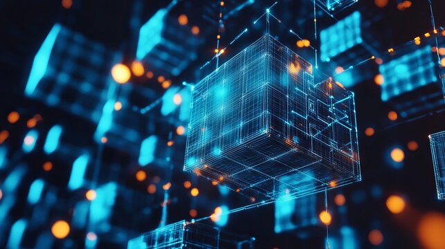 Stunning abstract technology background with interconnected glowing blue cubes and vibrant orange nodes, representing data networks and innovative solutions