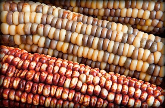 Indian corn with red, yellow, and blue kernels, closeup