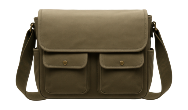 Adjustable canvas messenger bag featuring exterior pockets for easy access.