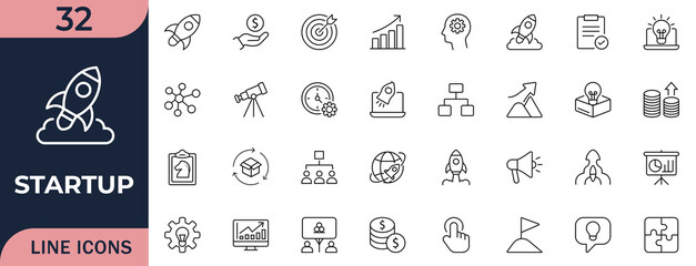 Line-style startup icons. for goal, marketing, profit, success, team, idea, launch, innovation, planning, project, mission, and performance visuals.